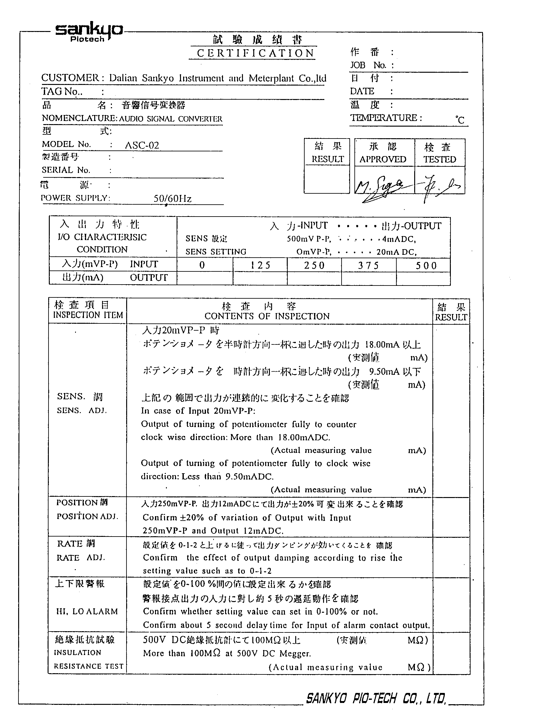 日本三协ASC-02成绩书